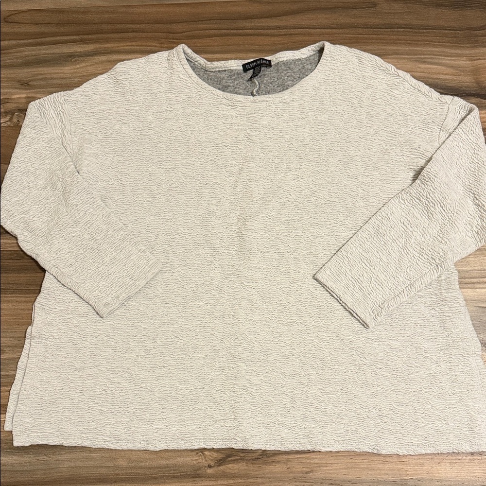 Eileen Fisher Woven Textured Stretch Tunic Top Size M Office Casual Light Grey
